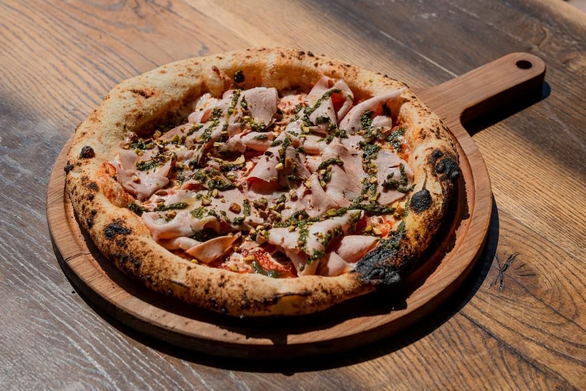 Pizza Mortadella, Pesto and Pistachio